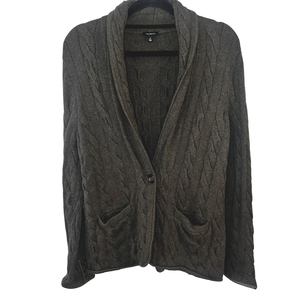 Talbots Cable Knit Preppy Shawl Collar Cardigan Sweater Olive Size Med Academia